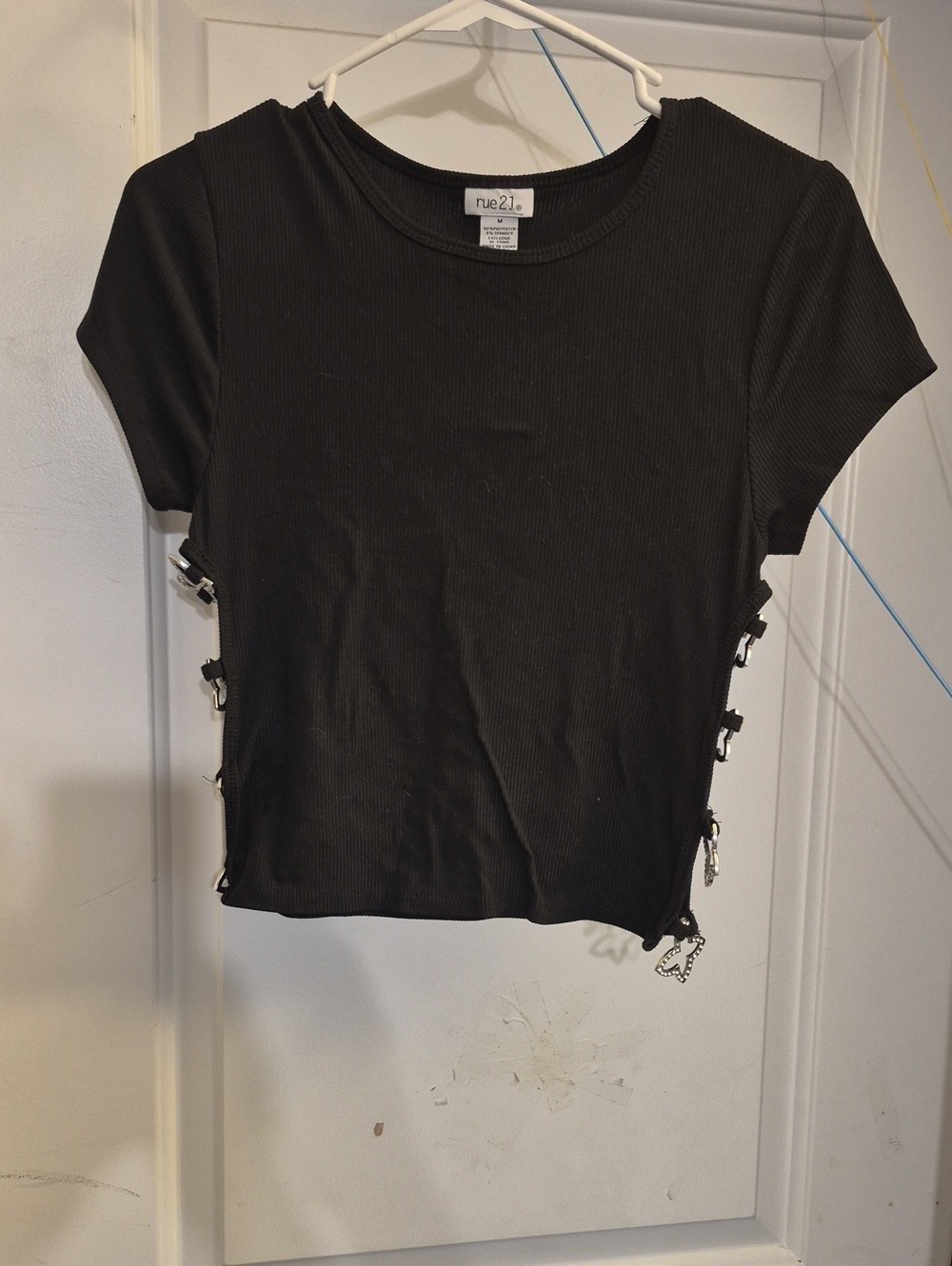rue21 Black Ribbed Crop Top with Side Buckles